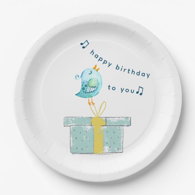 Happy Birthday Song (Simple Little Bird 2) Teal Paper Plates (Front)
