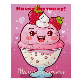 Happy Birthday Sorbet Ice-cream Kawaii Cartoon Poster