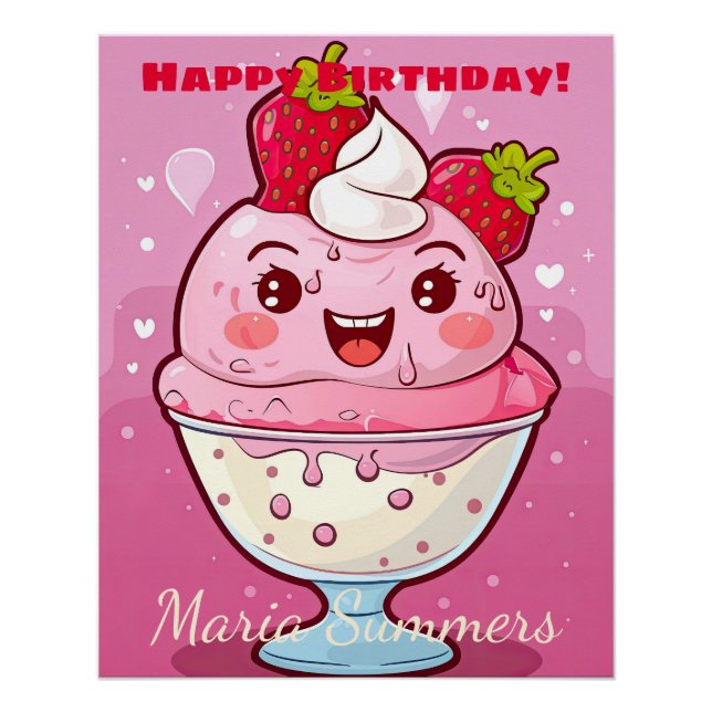 Happy Birthday Sorbet Ice-cream Kawaii Cartoon  Poster (Front)