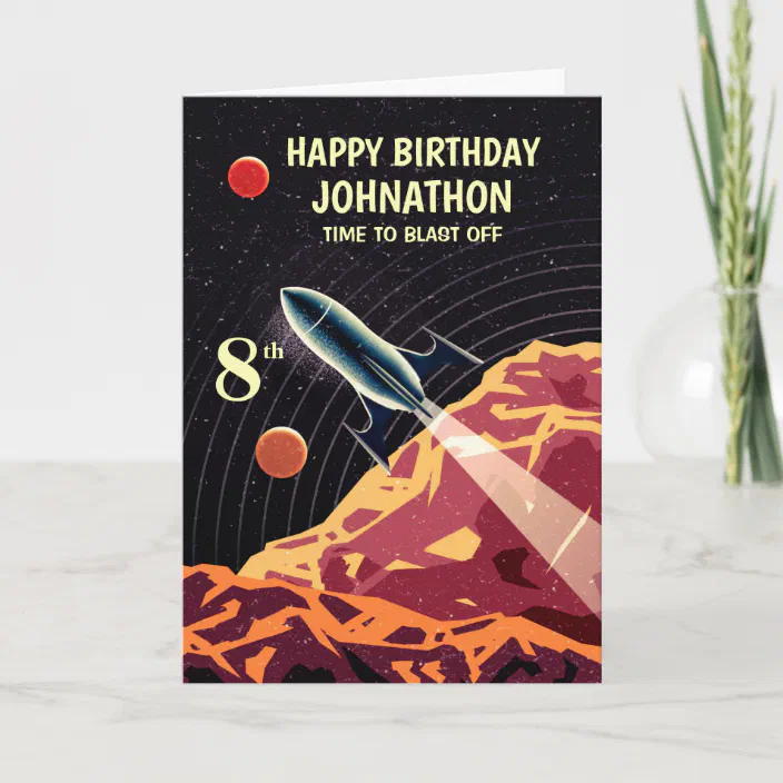 Outer Space Rockets Planets Spaceman Personalised Children's Birthday Card