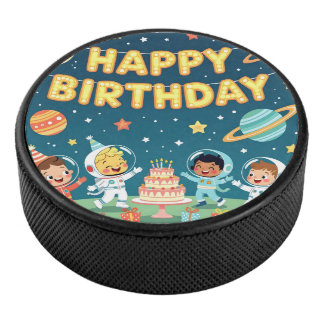 Happy birthday space theme hockey puck