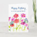 Happy Birthday Special Friend Blue Butterflies Card<br><div class="desc">A bright and cheerful birthday card to a very special friend decorated with colorful wildflowers painted in shades of pink and red watercolor with blue butterflies.  Lovely way to say happy birthday!</div>