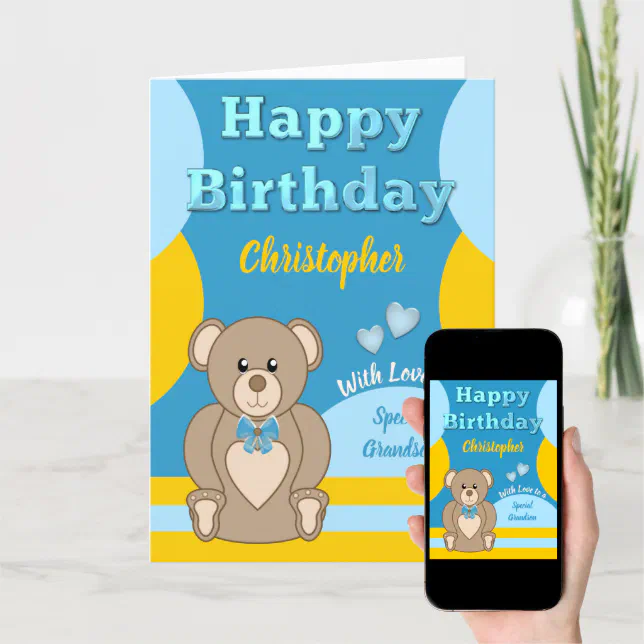 Happy Birthday special Grandson teddy bear blue Card | Zazzle