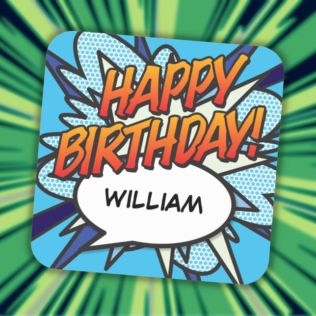HAPPY BIRTHDAY Speech Bubble Fun Retro Comic Book Square Sticker (HAPPY BIRTHDAY Speech Bubble Fun Retro Comic Book Square Sticker)