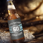 Happy Birthday Sports Jersey Stripes Name and Age Beer Bottle Label<br><div class="desc">Light Blue and Charcoal Gray -- This sporty and racing stripes design is perfect for any athlete playing football, soccer or baseball. You change the numbers to your lucky number or even a special age for a birthday celebration. A rugged and masculine design with an area for any Anniversary Date...</div>