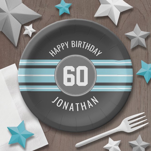 Happy Birthday Sports Jersey Stripes Name and Age Paper Plates (Personalized party plates - sports theme for birthday or any occasion)
