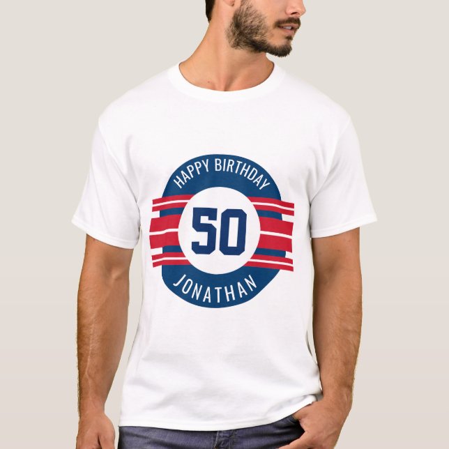 Happy Birthday Sports Jersey Stripes Name and Age T-Shirt (Front)