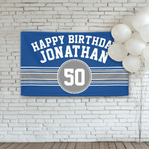 Happy Birthday Sports Stripes Age Blue Silver Banner