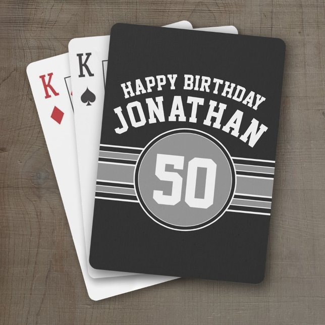 Happy Birthday Sports Stripes Age Silver Black Poker Cards (Personalized Playing Cards - Sporty Stripes)
