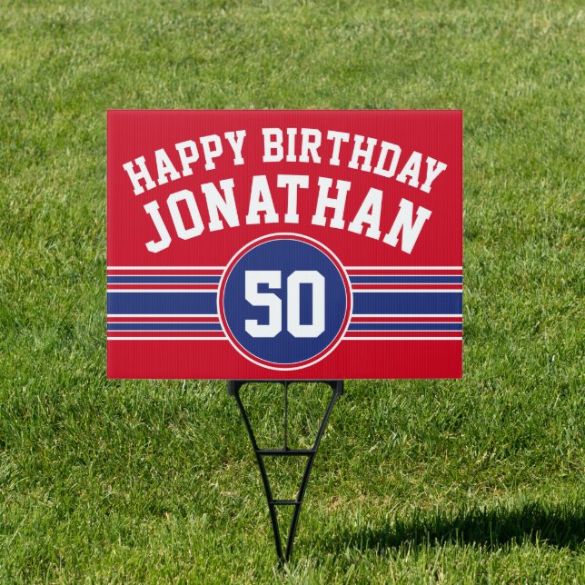 Happy Birthday Sports Stripes Name Red Blue Sign (Insitu)