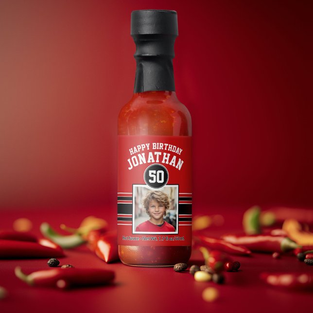 Happy Birthday Sports Stripes Photo Age Red Black Hot Sauces (Custom Hot Sauce)