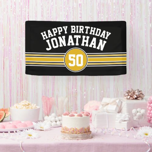 Happy Birthday Sports Stripes with Age Black Gold Banner