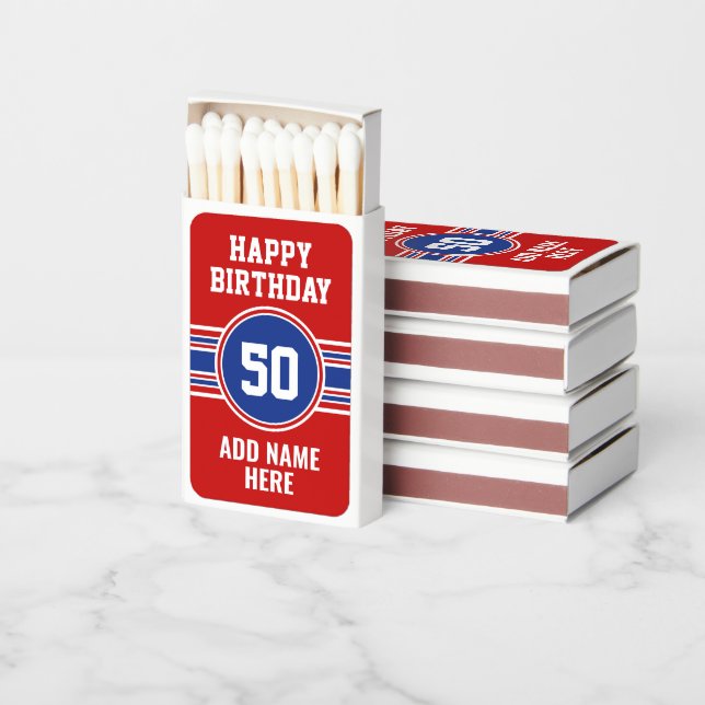Happy Birthday Sports Stripes with Age Blue Red Matchboxes (Stacked)