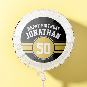 Happy Birthday Sports Stripes with Age Gold Black Balloon