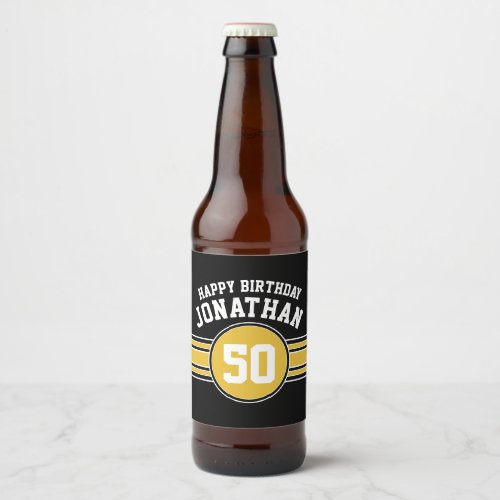 Happy Birthday Sports Stripes with Age Gold Black Beer Bottle Label