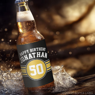 Happy Birthday Sports Stripes with Age Gold Black Beer Bottle Label