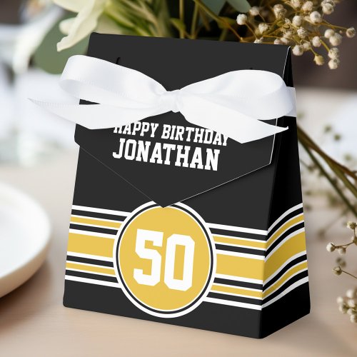 Happy Birthday Sports Stripes with Age Gold  Black Favor Boxes