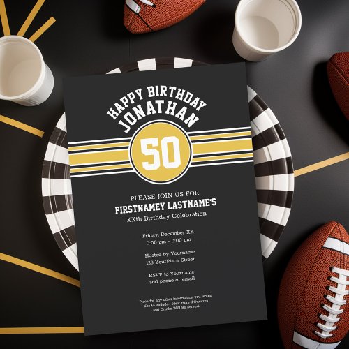 Happy Birthday Sports Stripes with Age Gold Black Invitation