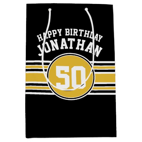 Happy Birthday Sports Stripes with Age Gold Black Medium Gift Bag