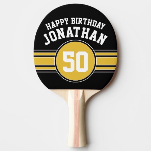 Happy Birthday Sports Stripes with Age Gold Black Ping Pong Paddle
