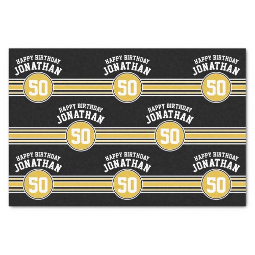 Happy Birthday Sports Stripes with Age Gold Black Tissue Paper