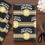 Happy Birthday Sports Stripes with Age Gold Black Wrapping Paper Sheets<br><div class="desc">This sporty and racing stripes design is perfect for any athlete playing hockey, football, soccer or baseball. You change the numbers to your lucky number or even a special age for a birthday celebration. A rugged and masculine design with an area for any Anniversary Date - 5th, 50th, 70th or...</div>