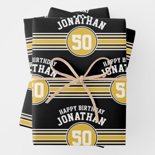 Happy Birthday Sports Stripes with Age Gold Black Wrapping Paper Sheets