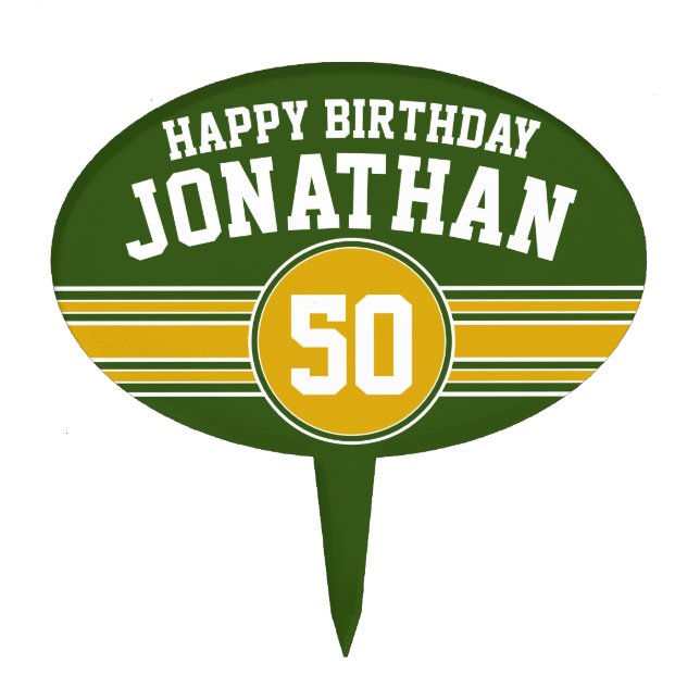 Happy Birthday Sports Stripes with Age Gold Green Cake Topper (Front)