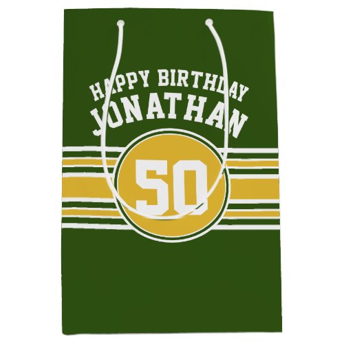 Happy Birthday Sports Stripes with Age Gold Green Medium Gift Bag