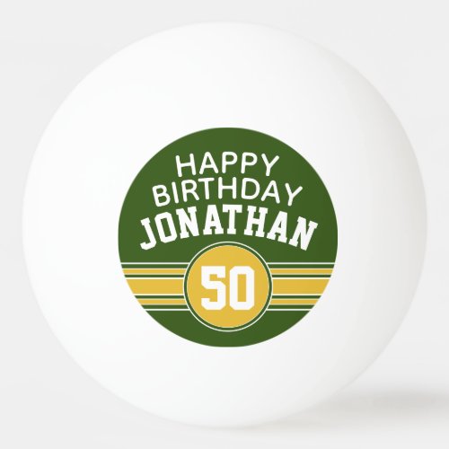 Happy Birthday Sports Stripes with Age Gold Green Ping Pong Ball