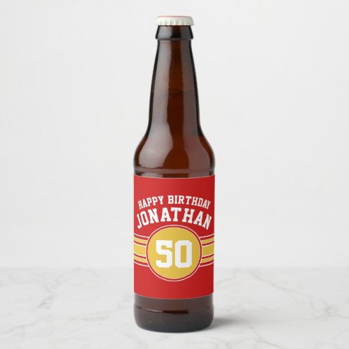 Happy Birthday Sports Stripes with Age Gold Red Beer Bottle Label