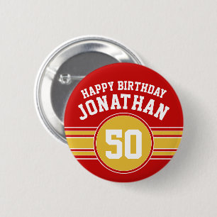 Happy Birthday Sports Stripes with Age Gold Red Button