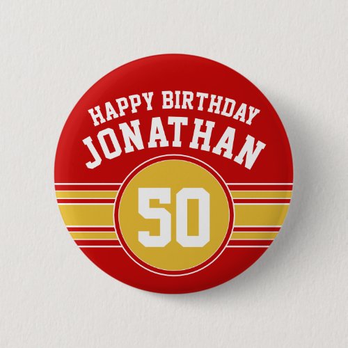 Happy Birthday Sports Stripes with Age Gold Red Button