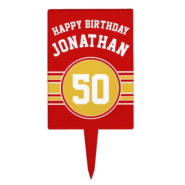 Happy Birthday Sports Stripes with Age Gold Red Cake Topper (Front)