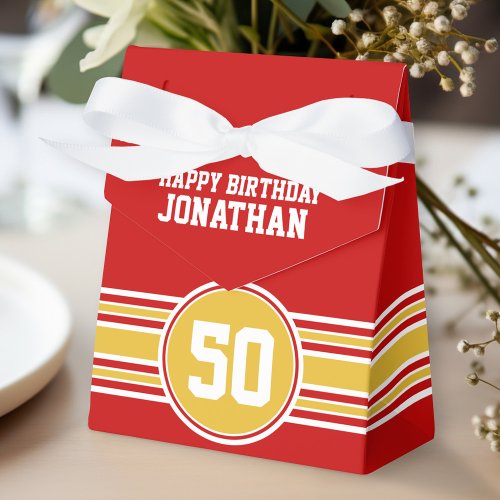 Happy Birthday Sports Stripes with Age Gold Red Favor Boxes
