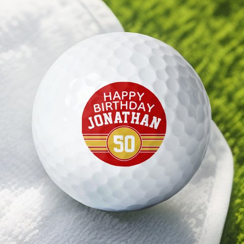 Happy Birthday Sports Stripes with Age Gold Red Golf Balls