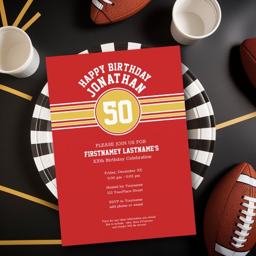 Happy Birthday Sports Stripes with Age Gold Red Invitation