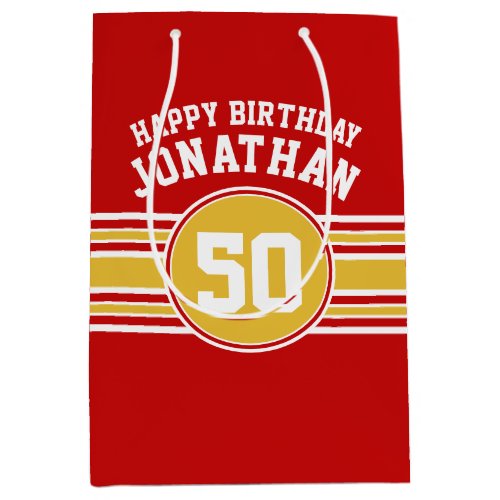 Happy Birthday Sports Stripes with Age Gold Red Medium Gift Bag