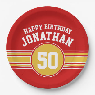Happy Birthday Sports Stripes with Age Gold Red Paper Plates