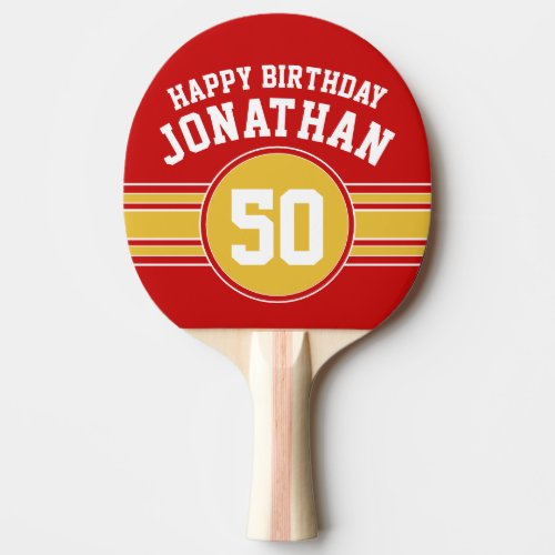 Happy Birthday Sports Stripes with Age Gold Red Ping Pong Paddle