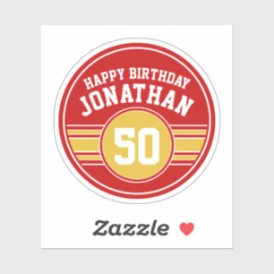 Happy Birthday Sports Stripes with Age Gold Red Sticker