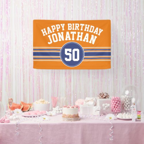 Happy Birthday Sports Stripes with Age Orange Blue Banner