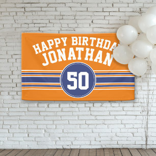 Happy Birthday Sports Stripes with Age Orange Blue Banner