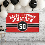 Happy Birthday Sports Stripes with Age - Red Black Banner<br><div class="desc">Red, White and Black - This sporty and racing stripes design is perfect for any athlete playing hockey, football, soccer or baseball. You change the numbers to your lucky number or even a special age for a birthday celebration. A rugged and masculine design with an area for any Anniversary Date...</div>