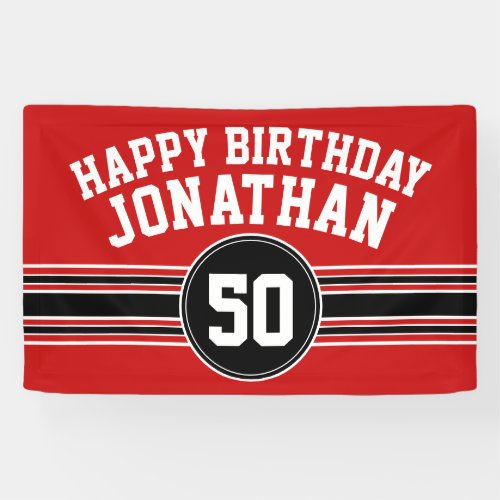Happy Birthday Sports Stripes with Age _ Red Black Banner