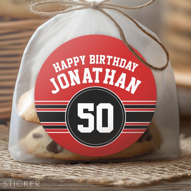 Happy Birthday Sports Stripes with Age - Red Black Classic Round Sticker (Custom Sticker for Party Favors and Envelopes)