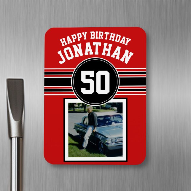 Happy Birthday Sports Stripes with Age - Red Black Magnet (Personalized fridge magnet - sports photo)