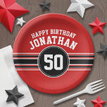 Happy Birthday Sports Stripes with Age - Red Black Paper Plates<br><div class="desc">Red,  White and Black - This sporty jersey stripes design is perfect for any masculine birthday party. You change the numbers to a special age for a birthday celebration. A rugged and masculine design with an area for a name and age.</div>