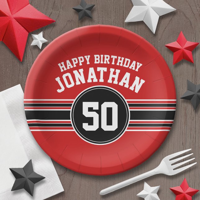 Happy Birthday Sports Stripes with Age - Red Black Paper Plates (Personalized party plates - sports theme for birthday or any occasion)
