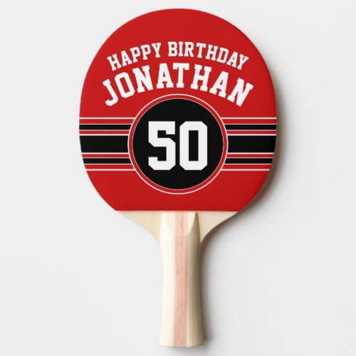 Happy Birthday Sports Stripes with Age Red Black Ping Pong Paddle